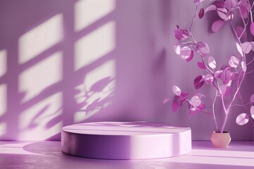 Lilac background with pink podium display mockup Cosmetic product presentation with window shadows and light Overlay effect on purple surface sprin