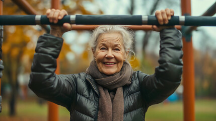 Portrait of the elderly female pensioner, old woman with gray hair wearing a jacket, standing outdoors in an autumn morning, exercising on bars in a city park, looking at the camera and smiling.