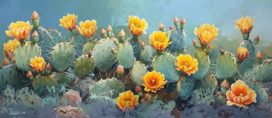 A painting depicting a vibrant Opuntia Prickly Pear cactus adorned with bright yellow flower blossoms. The artwork showcases the stunning display of the cactus in full bloom. - obrazy, fototapety, plakaty