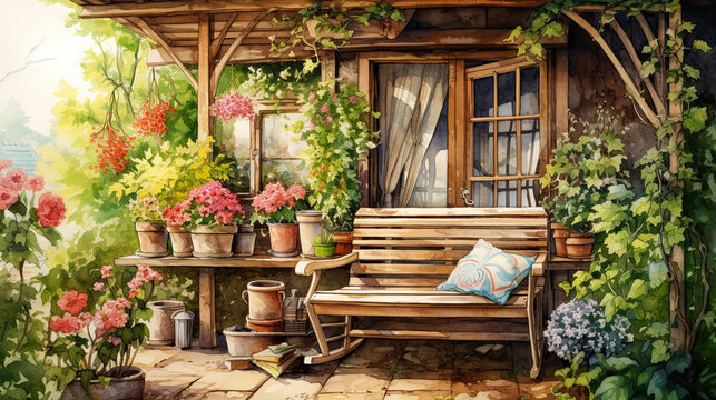 Watercolor painting of tranquil garden nook with a wooden cottage and bench with soft cushions. Vibrant flowers and climbing ivy invite to rustic relax and enjoy peaceful surroundings.