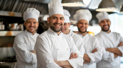 Fototapeta na wymiar A team of five professional male kitchen workers at a restaurant smiling at the camera, wearing white uniform and cook hat. Culinary occupation employee staff indoors, cooker job for men