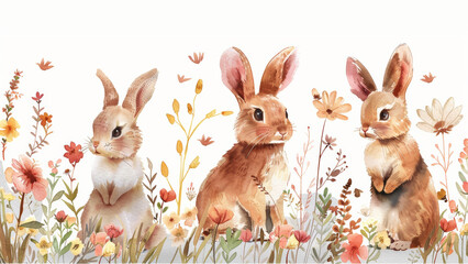 watercolour illustration of cute bunny hiding on green grass with colorful easter eggs background