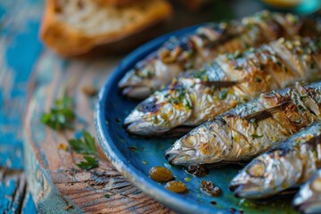 Marinated sardines from Venice Italy served on a blue marine wooden table - obrazy, fototapety, plakaty