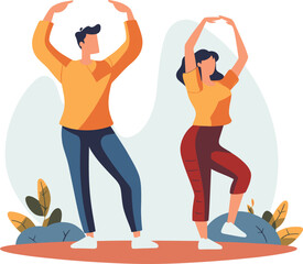 Young man woman exercising together outdoors, both casual workout clothes, stretching their arms above heads. Fitness couple enjoys healthy lifestyle. Exercise wellbeing vector illustration