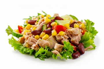 Mexican corn salad with tuna beans and greens on white background