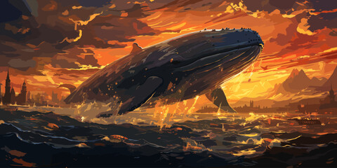 fantasy scenery of a giant whale flying above city against sunset sky, digital art style, illustration painting - obrazy, fototapety, plakaty