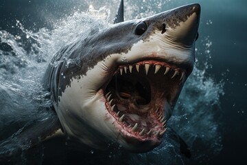 A plus four meter great white shark jumping out of the water with an open mouth full of teeth - obrazy, fototapety, plakaty