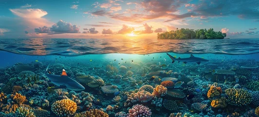 Fotobehang beautiful seaview waterline waves in a shallow and sharks swimming by corals © Vasiliy