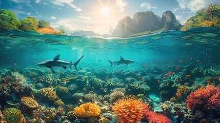 beautiful seaview waterline waves in a shallow and sharks swimming by corals - obrazy, fototapety, plakaty