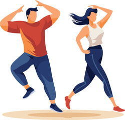 Young adult man and woman dancing energetically in casual clothes. Modern dance, joyful friends having fun. Dance moves and rhythm vector illustration.