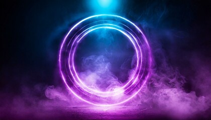 Sci Fi modern. Futuristic smoke. Neon color geometric circle on a dark background. Round mystical portal. 