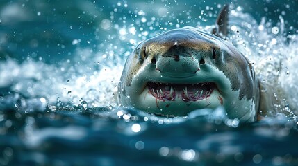 A plus four meter great white shark jumping out of the water with an open mouth full of teeth - obrazy, fototapety, plakaty