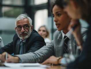 Fototapeta premium Multicultural team of executives led by a mature Caucasian male CEO conducts research in a boardroom