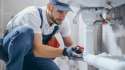 Young handsome plumber wearing a working uniform and a cap, kneeling down in the bathroom to fix or repair the white pipes under the sink. Home service or maintenance, professional handyman job - obrazy, fototapety, plakaty