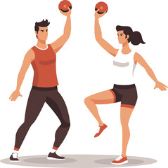 Young man woman exercising dumbbells. Fit couple workout together, fitness training. Active lifestyle, gym session, bodybuilding vector illustration