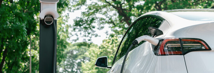 Panorama banner EV electric vehicle recharging battery from EV charging station in national park or outdoor forest scenic. Natural protection with eco friendly EV car travel in the summer woods. Exalt - obrazy, fototapety, plakaty