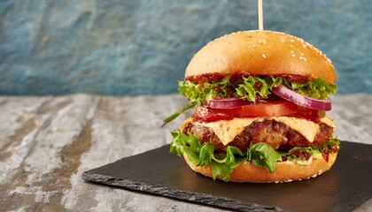 Fresh tasty meat free burger on wooden table. Copy space 