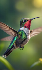 Fototapeta premium a hummingbird-like bird perched on a branch next to the flowers.