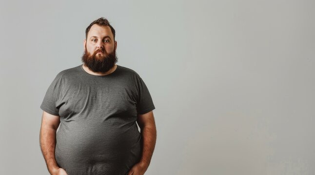 Obese shirtless man with protruding belly facing forward on a white backdrop