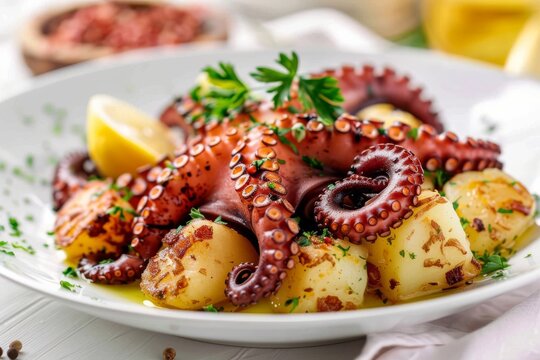 Octopus and potato on plate