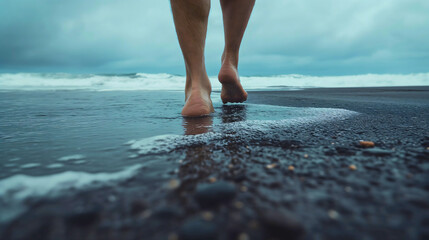 Closeup low angle shot of the adult male person or man walking barefoot on the dark gray sand beach, ocean or sea waves crushing under his feet or legs