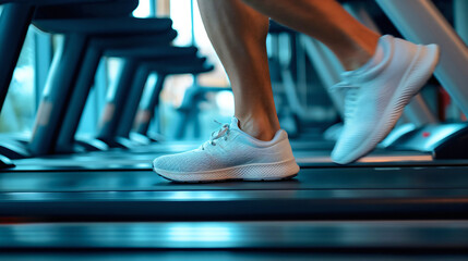 Young man walking or running on a treadmill machine in the modern gym interior. Closeup of a youthful male person's legs and shoes, cardio workout, healthy lifestyle, active exercise
