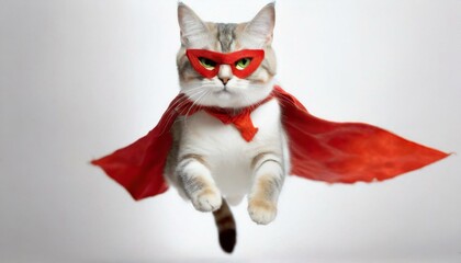 Fototapeta premium Superhero cat , Cute white tabby kitty with a red cloak and mask jumping. White background. 