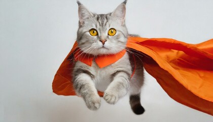 Superhero cat , Cute white tabby kitty with a orange cloak and mask jumping. White background. 