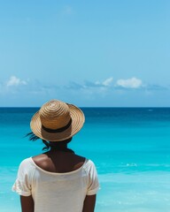 Fototapeta na wymiar Woman gazing at serene turquoise sea, summer vacation concept