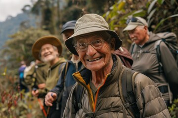 Old men hiking on a mountain for fitness discovery and adventure with senior friends for health and...