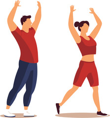Man woman workout clothes stretching arms up before exercise. Fitness couple doing warmup routine together vector illustration. Healthy lifestyle partner workout concept