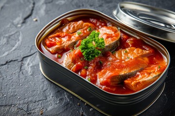 Photo of open tin can with pickled sardines in tomato sauce nobody in sight