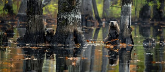 A collection of trees submerged in water, with visible marks from beavers feasting on their trunks....