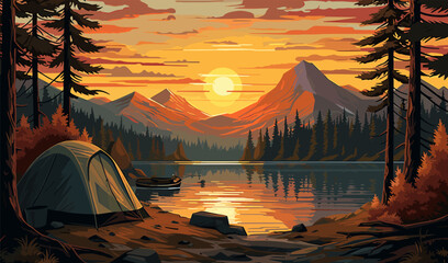 forest landscape camping dog trees lake sunset fall nature inspired vector illustration - obrazy, fototapety, plakaty