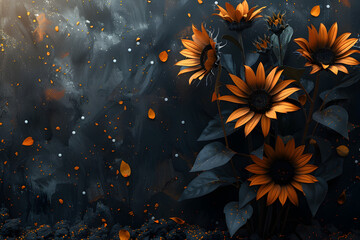 A striking display of abstract black and gold sunflowers with scattered white petals.
