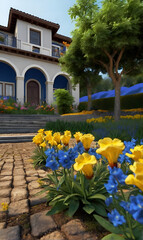 Flower garden in the courtyard with the castle in the background