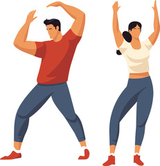 Young adult male female dancing energetically, both casual clothing. Fitness dance workout, joyful active lifestyle vector illustration