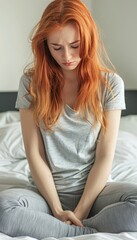 Obraz premium Sad woman in pajamas sitting on bed, struggling with depression and mental health issues