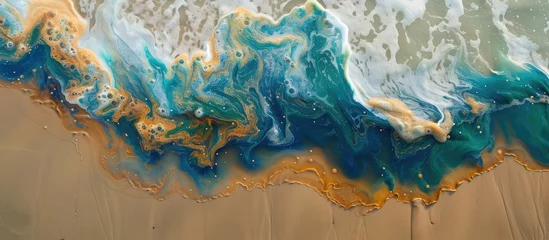 Photo sur Plexiglas Cristaux This abstract painting depicts the movement of waves crashing onto a sandy beach. The artist has used a mix of colors to create a dynamic and textured representation of the shoreline.