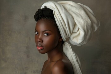 Portrait of a young beautiful African woman in a bath towel against a grey background focusing on beauty and body care