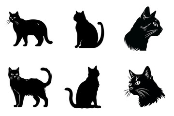 set of cats black and white  vector illustration isolated transparent background logo, cut out or cutout t-shirt print design