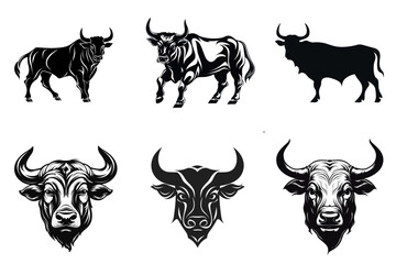 set of bulls or cows black and white  vector illustration isolated transparent background logo, cut out or cutout t-shirt print design