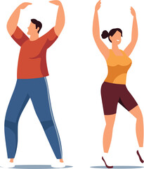 Overweight people exercising, man woman doing stretch arms up. Joy fitness, healthy lifestyle change vector illustration