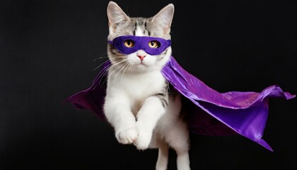 Superhero cat , Cute white tabby kitty with a purple cloak and mask jumping. Black background
