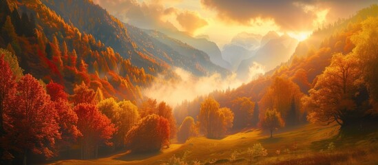 A painting showcasing a mountain scene with clouds hovering above and fall-colored trees in a sunset-lit valley. The trees are painted in vibrant hues, providing a striking contrast against the