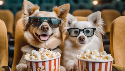 Pets in 3d glasses is eating popcorn and watching a movie in the cinema.