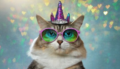 The cat unicorn is wearing cute glasses. White background.
