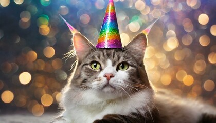 Cute cat with rainbow unicorn horn on blurred sparkling background