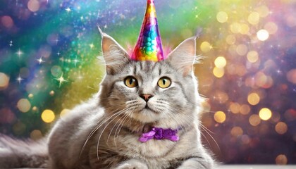 Cute cat with rainbow unicorn horn on blurred sparkling background