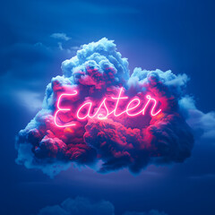 Pink Neon word easter sign in cloud.